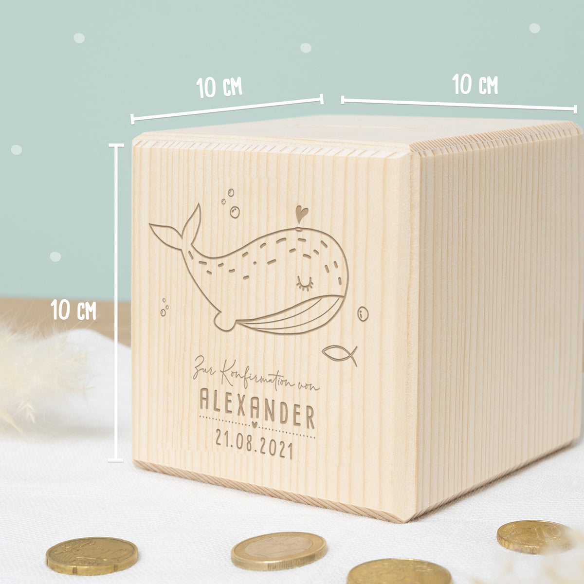 Personalisierte Holzspardose Geschenk zur Konfirmation "Wal" Gravur