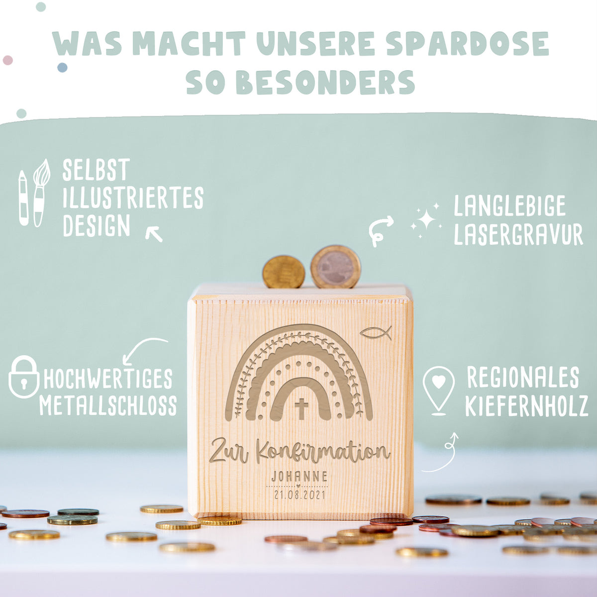 Personalisierte Holzspardose Geschenk zur Konfirmation "Regenbogen" Gravur