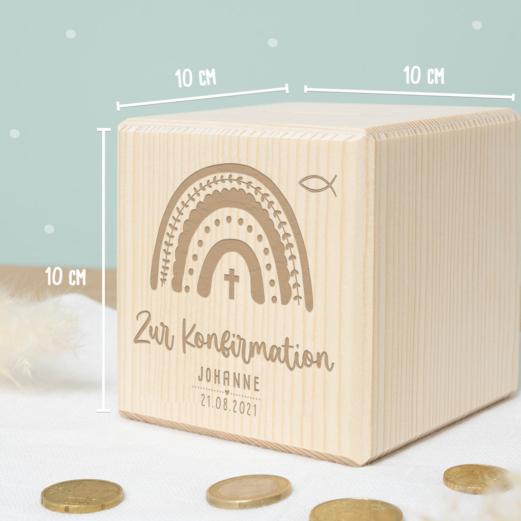 Personalisierte Holzspardose Geschenk zur Konfirmation "Regenbogen" Gravur