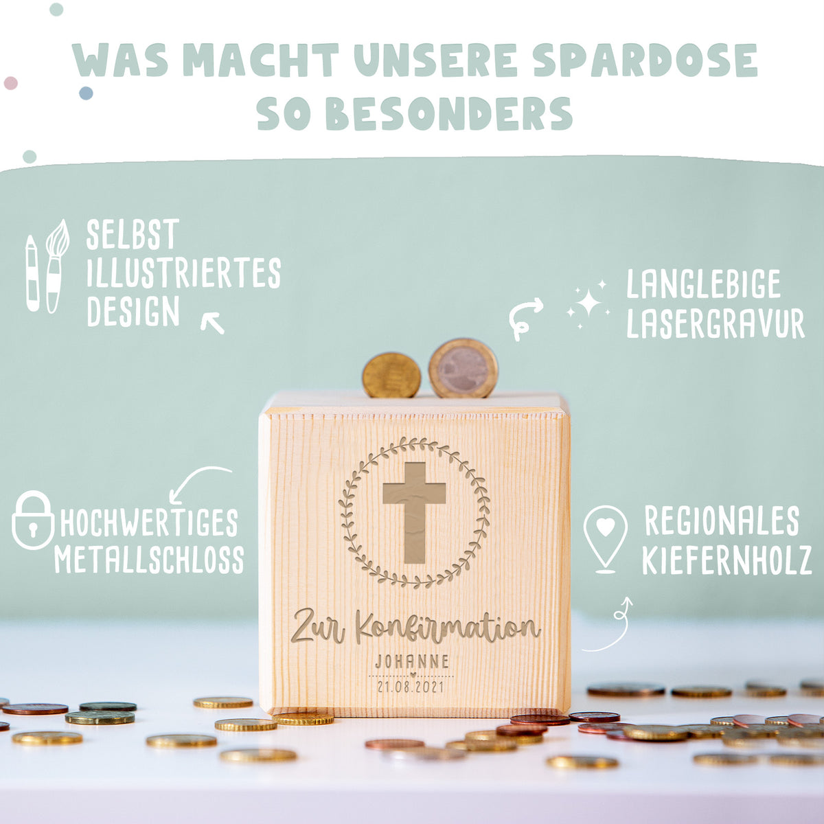 Personalisierte Holzspardose Geschenk zur Konfirmation "Kreuz" Gravur