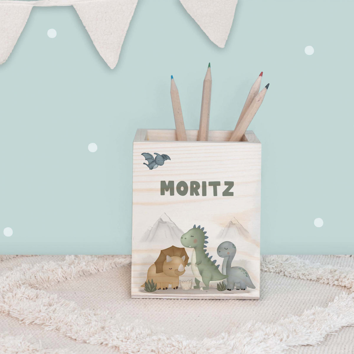 Personalisierter Stiftehalter "Dinowelt" bunt bedruckt