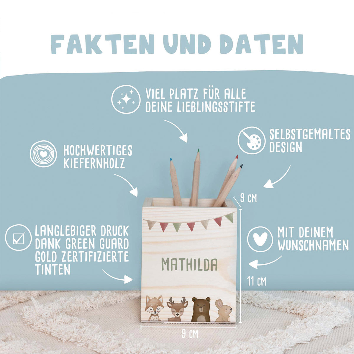 Personalisierter Stiftehalter "Waldtiere mit Girlande" bunt bedruckt