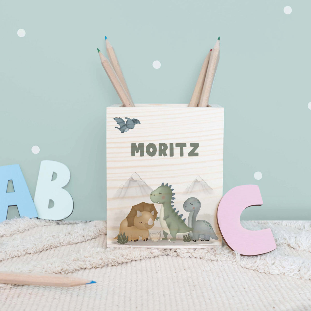 Personalisierter Stiftehalter "Dinowelt" bunt bedruckt