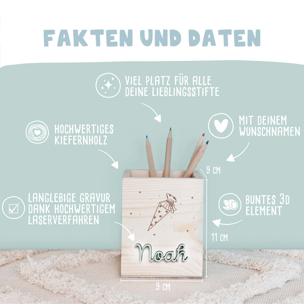 Personalisierter Stiftehalter "Schultüten"-Gravur mit 3D-Name