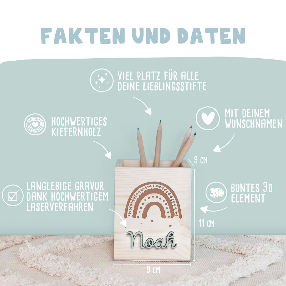 Personalisierter Stiftehalter "Regenbogen"-Gravur mit 3D-Name