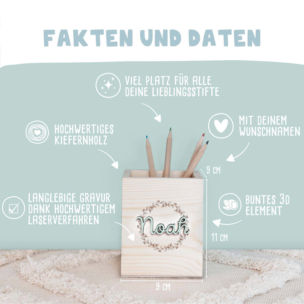 Personalisierter Stiftehalter "Blumenkranz"-Gravur mit 3D-Name