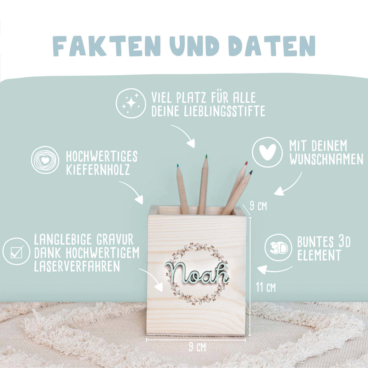 Personalisierter Stiftehalter "Blumenkranz"-Gravur mit 3D-Name