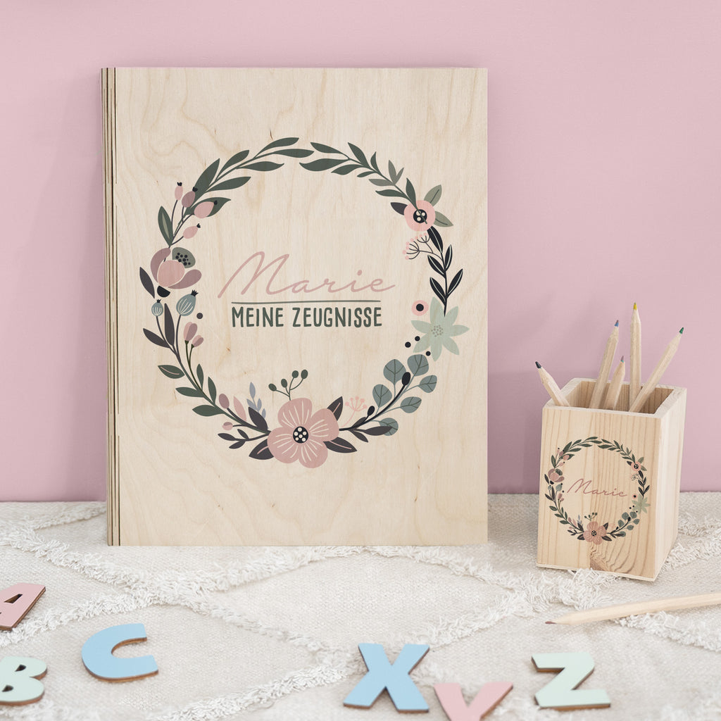 Einschulungs-Set Zeugnismappe und Stiftehalter "Blumenkranz"