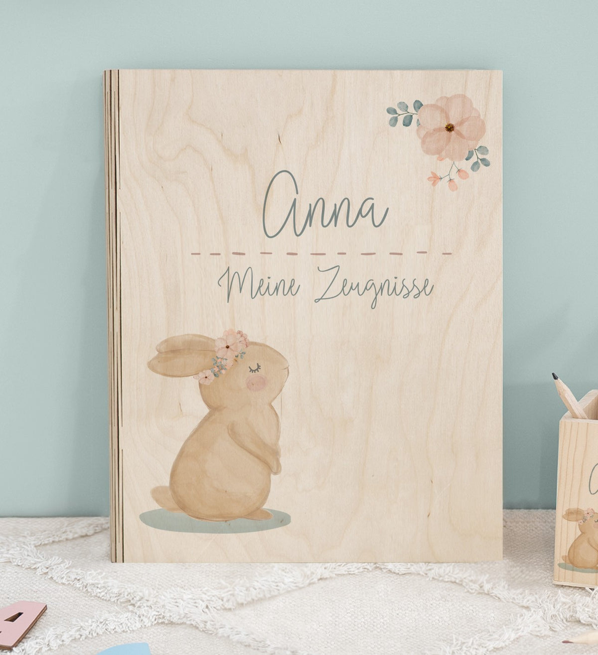 Zeugnismappe Holz Ringbuch "Hase"