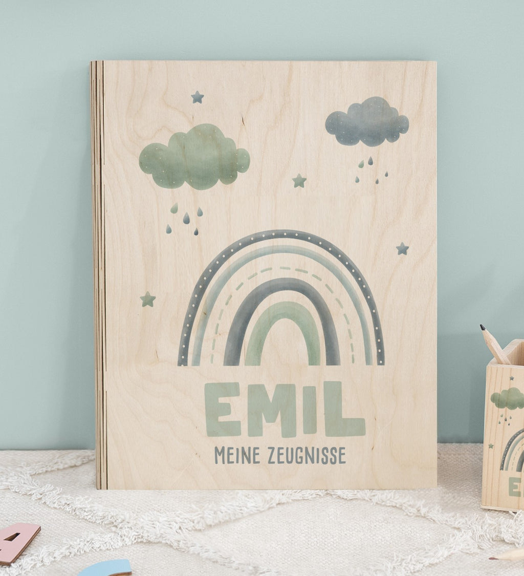 Zeugnismappe Holz Ringbuch "Regenbogen Blau"