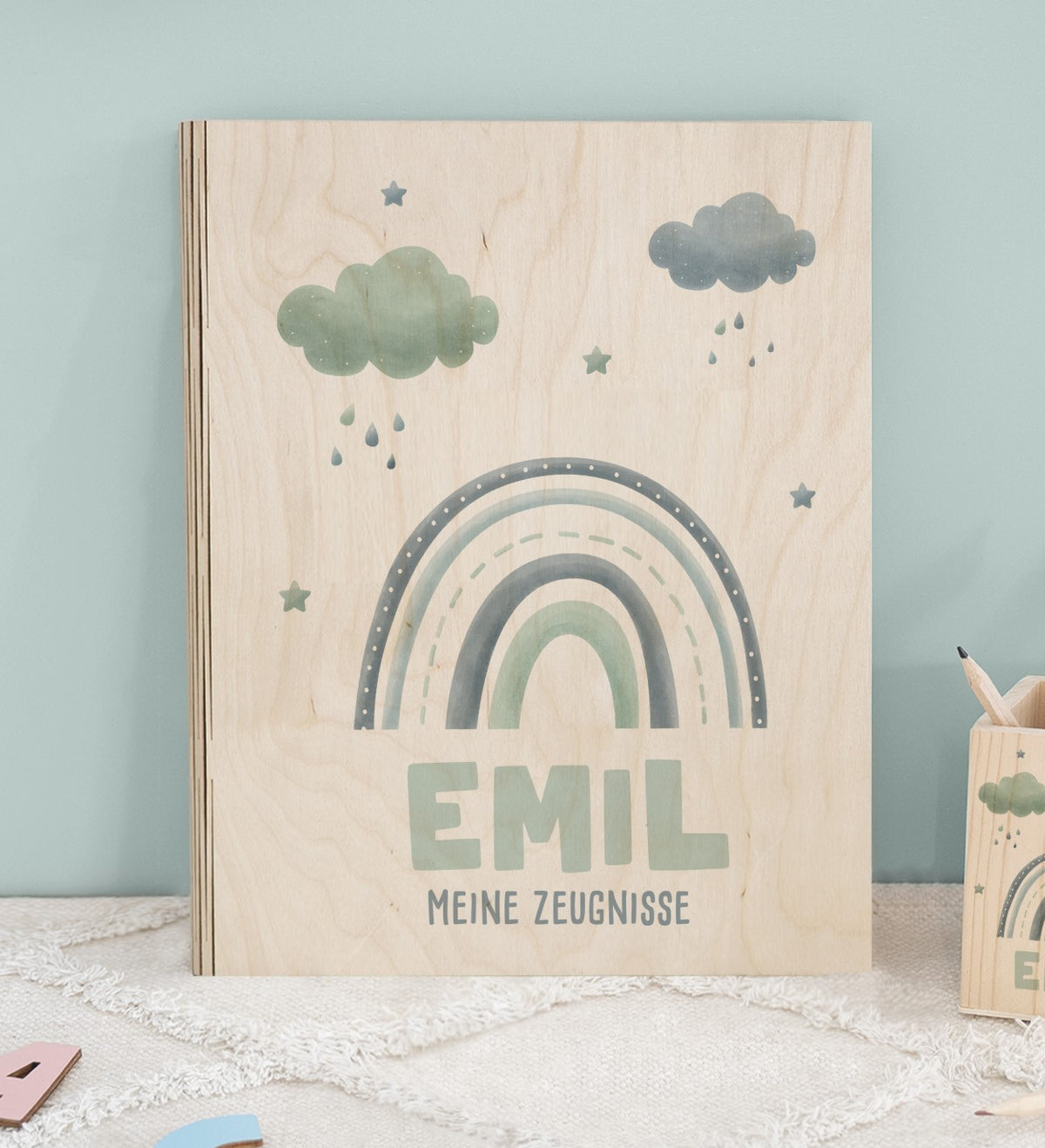 Zeugnismappe Holz Ringbuch "Regenbogen Blau"