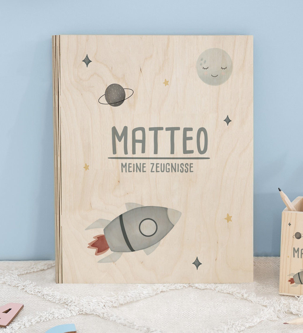 Zeugnismappe Holz Ringbuch "Rakete"
