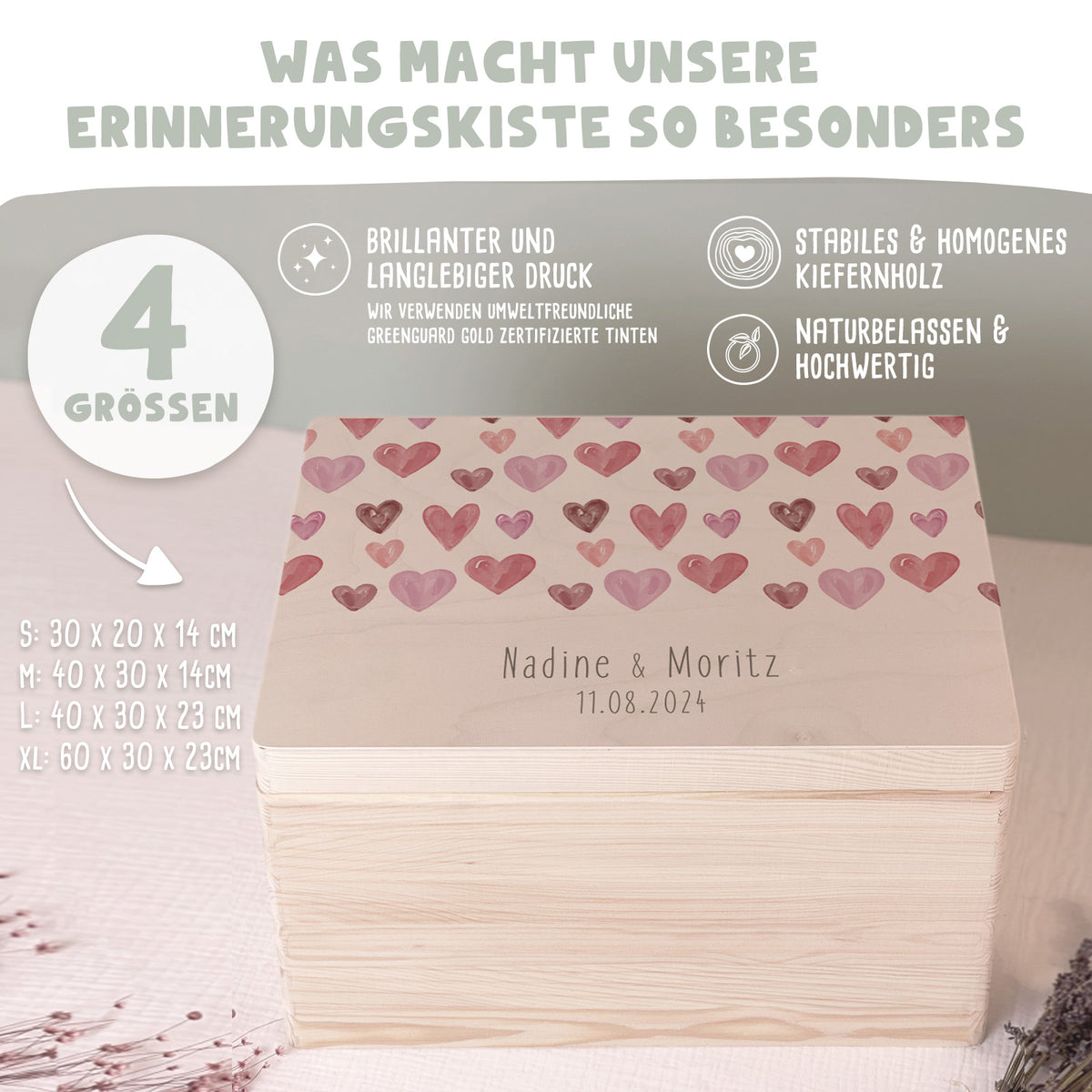 Personalisierte Erinnerungsbox zur Hochzeit Aquarell "allover Herzen"