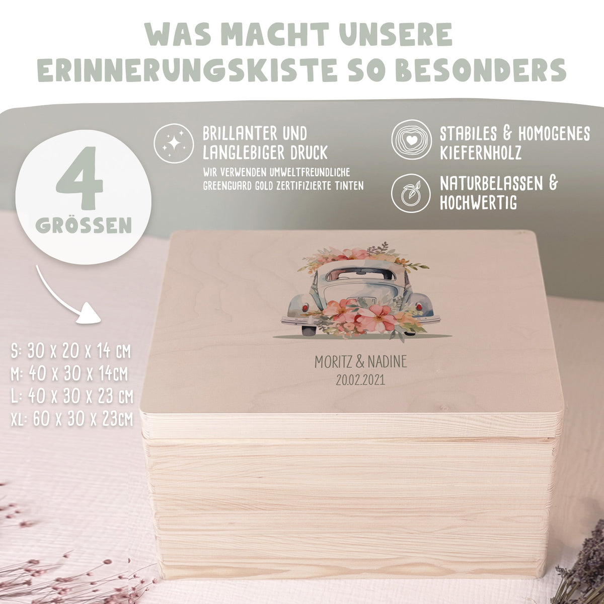 Personalisierte Erinnerungsbox zur Hochzeit Aquarell "Auto mit Blumen"