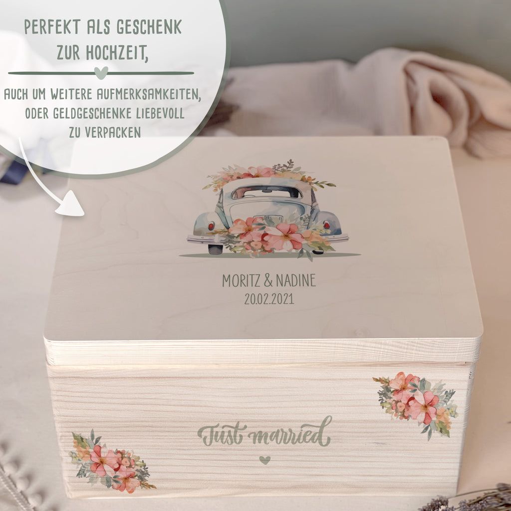 Personalisierte Erinnerungsbox zur Hochzeit Aquarell "Auto mit Blumen"
