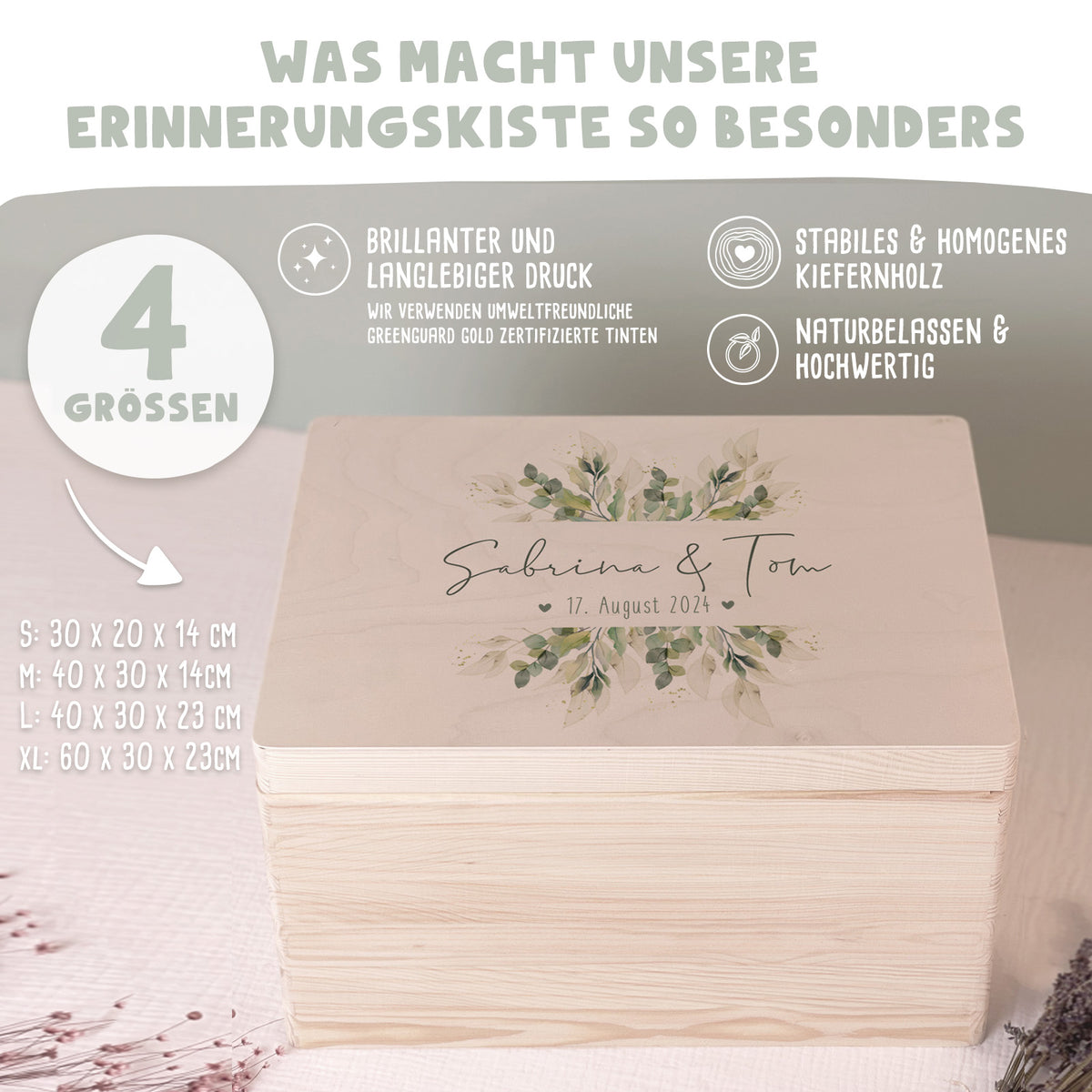 Personalisierte Erinnerungsbox zur Hochzeit Aquarell "Blätter"