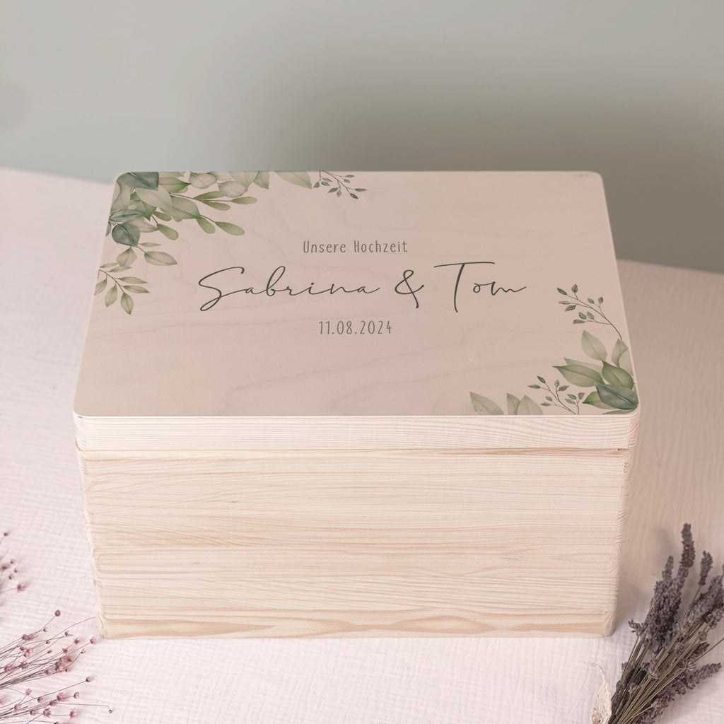 Personalisierte Erinnerungsbox zur Hochzeit Aquarell "Blätter in der Ecke"