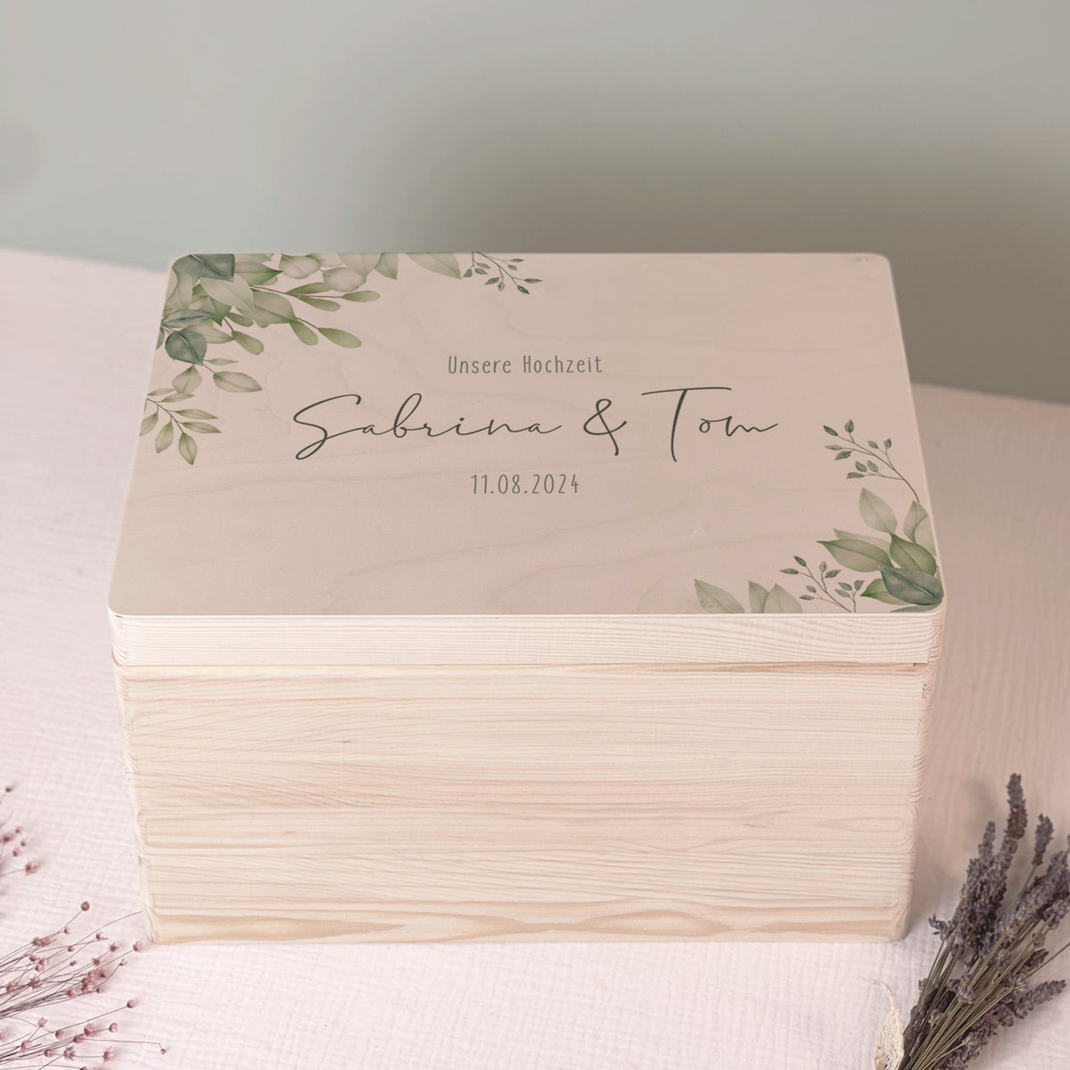Personalisierte Erinnerungsbox zur Hochzeit Aquarell "Blätter in der Ecke"