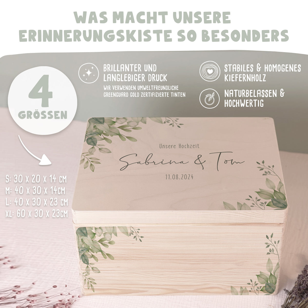 Personalisierte Erinnerungsbox zur Hochzeit Aquarell "Blätter in der Ecke"