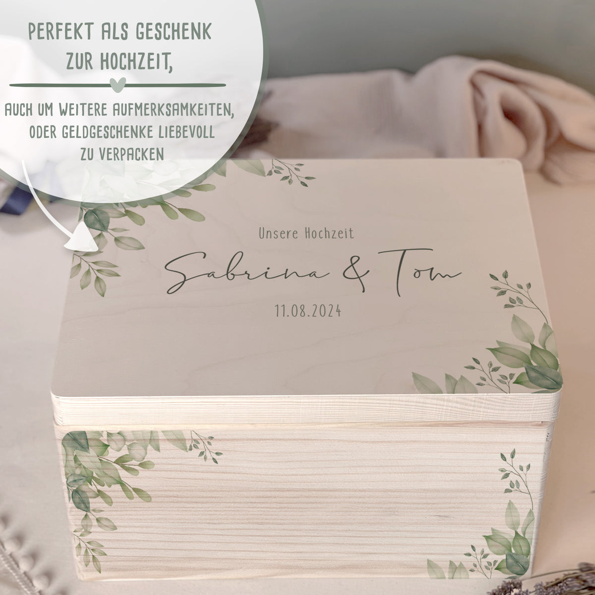 Personalisierte Erinnerungsbox zur Hochzeit Aquarell "Blätter in der Ecke"