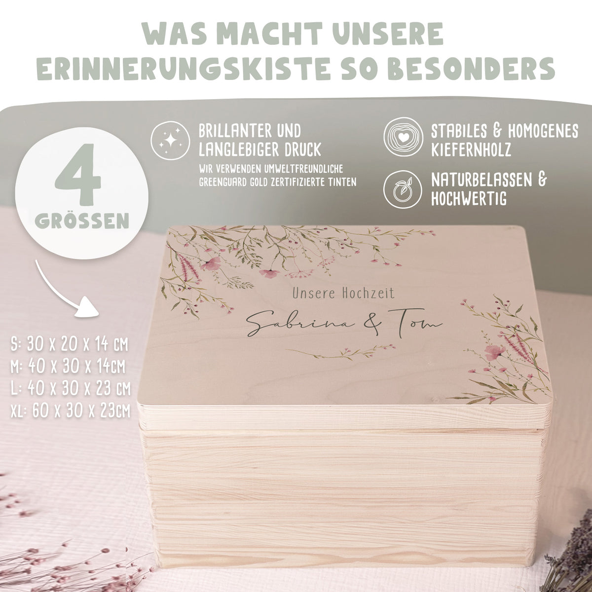 Personalisierte Erinnerungsbox zur Hochzeit Aquarell "Rosa Blumen in der Ecke"