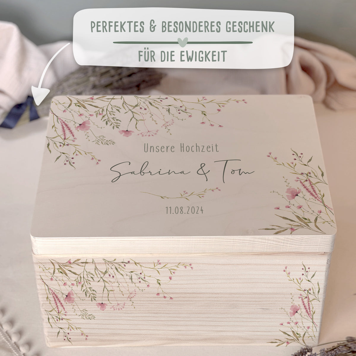 Personalisierte Erinnerungsbox zur Hochzeit Aquarell "Rosa Blumen in der Ecke"
