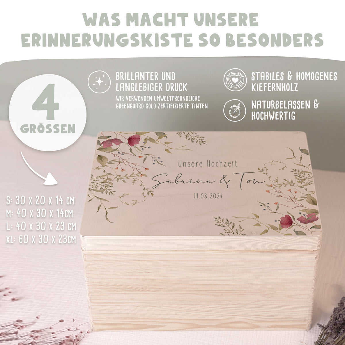 Personalisierte Erinnerungsbox zur Hochzeit Aquarell "Rote Blumen in der Ecke"
