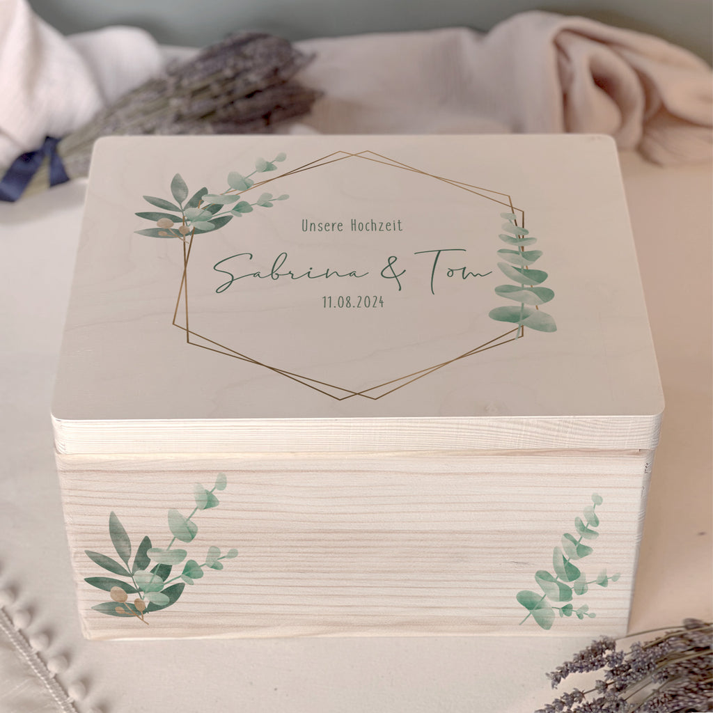 Personalisierte Erinnerungsbox zur Hochzeit Aquarell "Eukalyptus Grafisch"