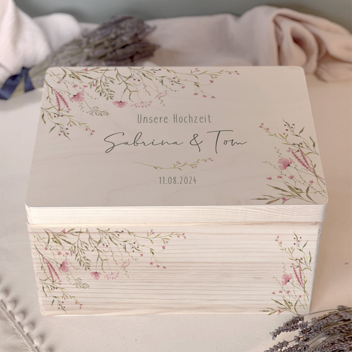 Personalisierte Erinnerungsbox zur Hochzeit Aquarell "Rosa Blumen in der Ecke"