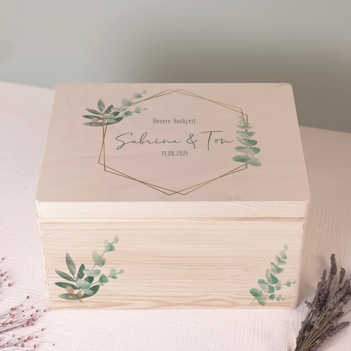 Personalisierte Erinnerungsbox zur Hochzeit Aquarell "Eukalyptus Grafisch"