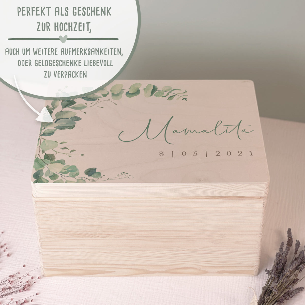 Personalisierte Erinnerungskiste zur Hochzeit Aquarell "Eukalyptus links"