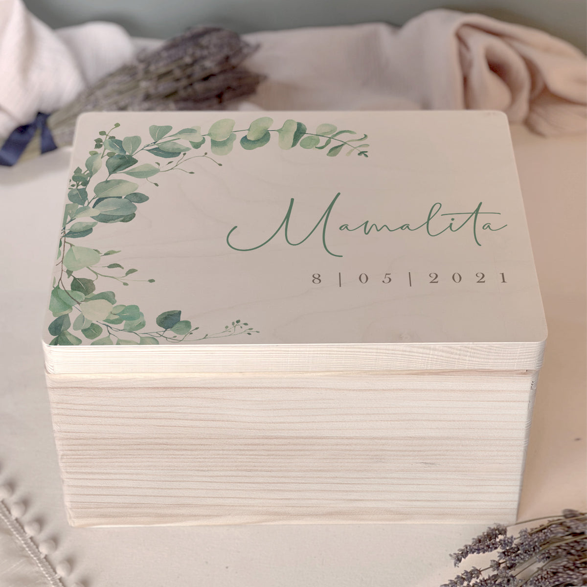 Personalisierte Erinnerungskiste zur Hochzeit Aquarell "Eukalyptus links"