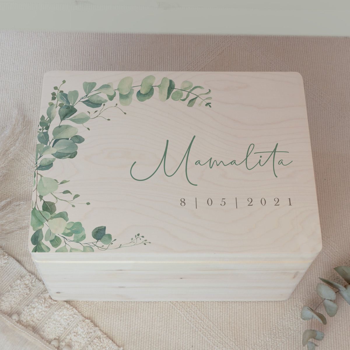 Personalisierte Erinnerungskiste zur Hochzeit Aquarell "Eukalyptus links"