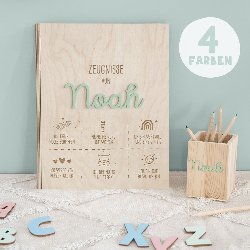 Einschulungs-Set Zeugnismappe und Stiftehalter 3D-Name "Sprüche"