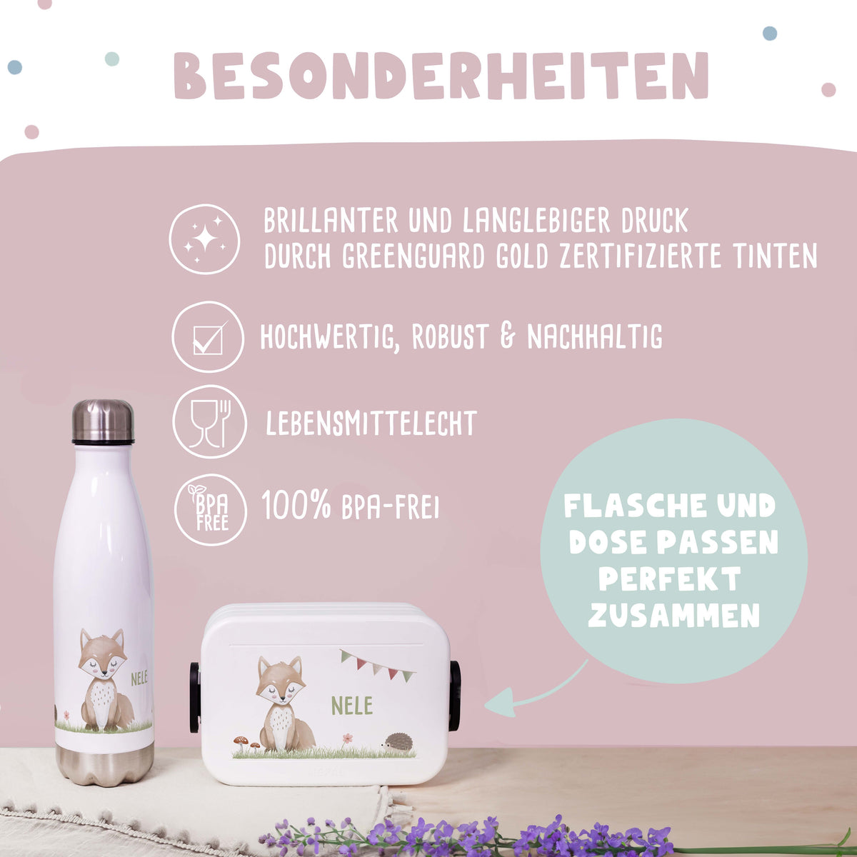 Personalisiertes Set Trinkflasche & Mepal Lunchbox "Fuchs"