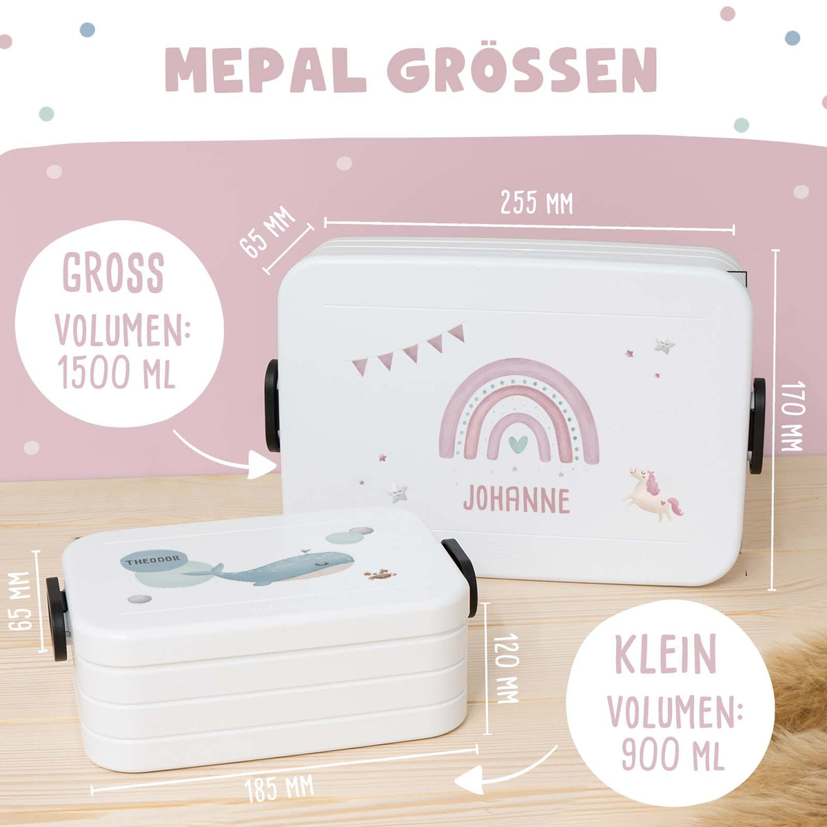 Personalisiertes Set Trinkflasche & Mepal Lunchbox "Regenbogen Rosa"