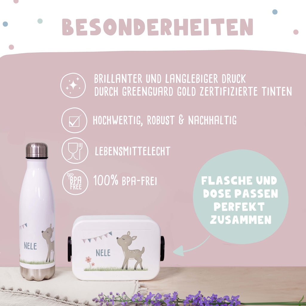 Personalisiertes Set Trinkflasche & Mepal Lunchbox "Rehkitz Rasen"