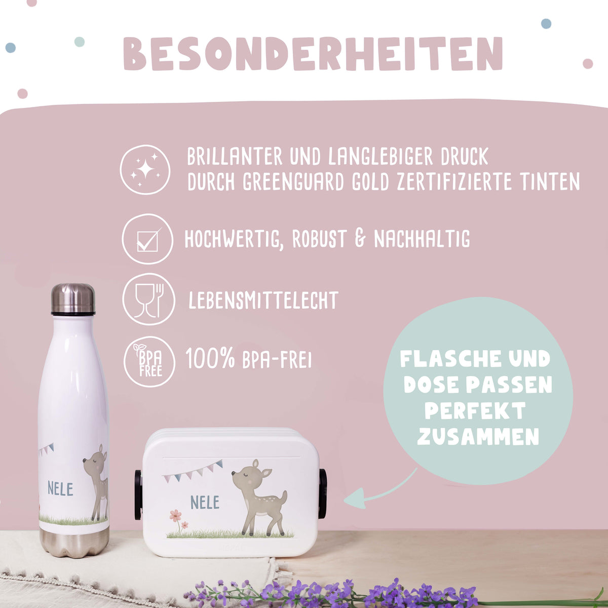 Personalisiertes Set Trinkflasche & Mepal Lunchbox "Rehkitz Rasen"