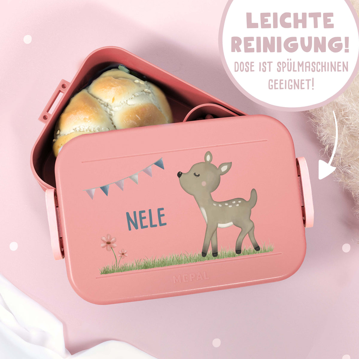 Personalisiertes Set Trinkflasche & Mepal Lunchbox "Rehkitz Rasen"