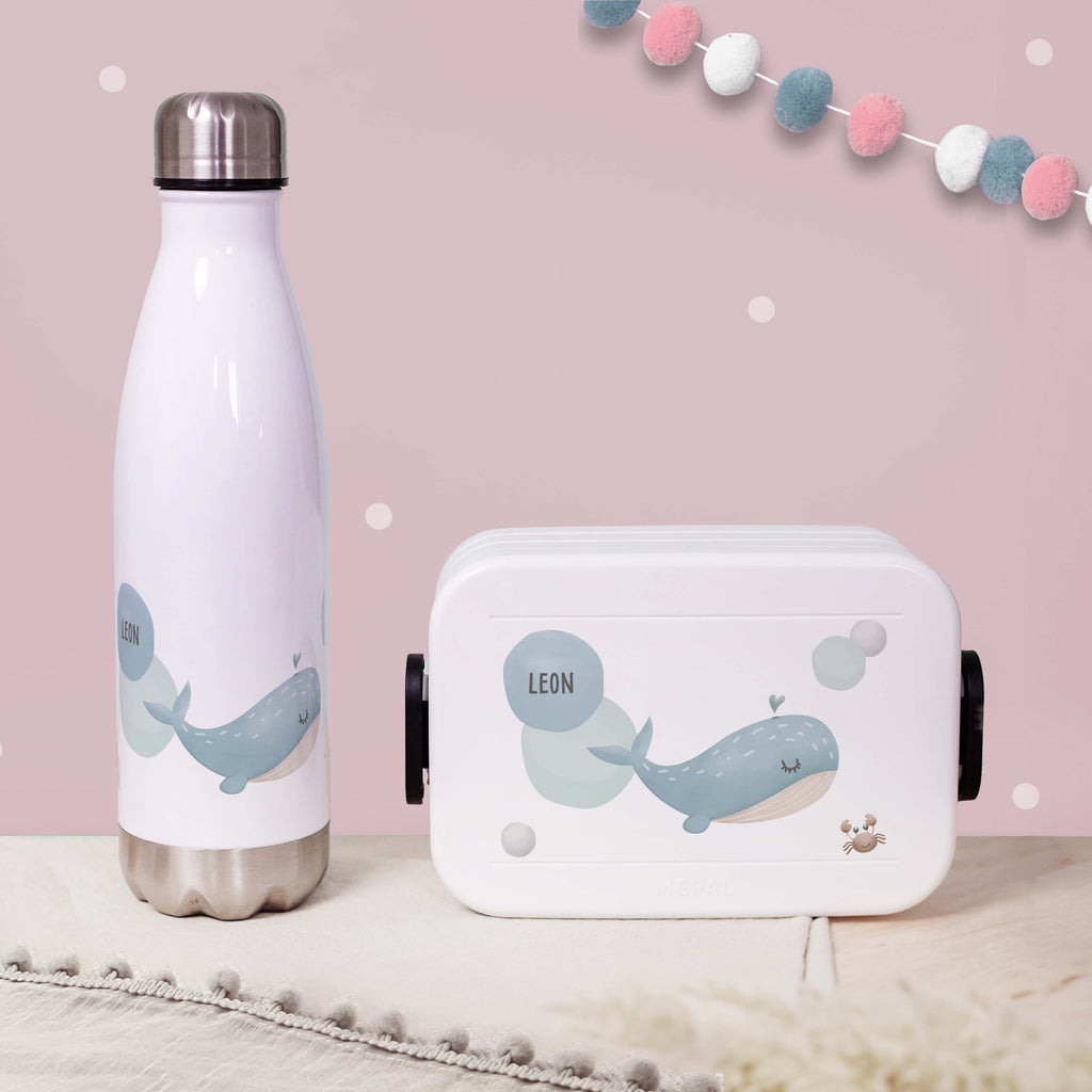 Personalisiertes Set Trinkflasche & Mepal Lunchbox "Wal"