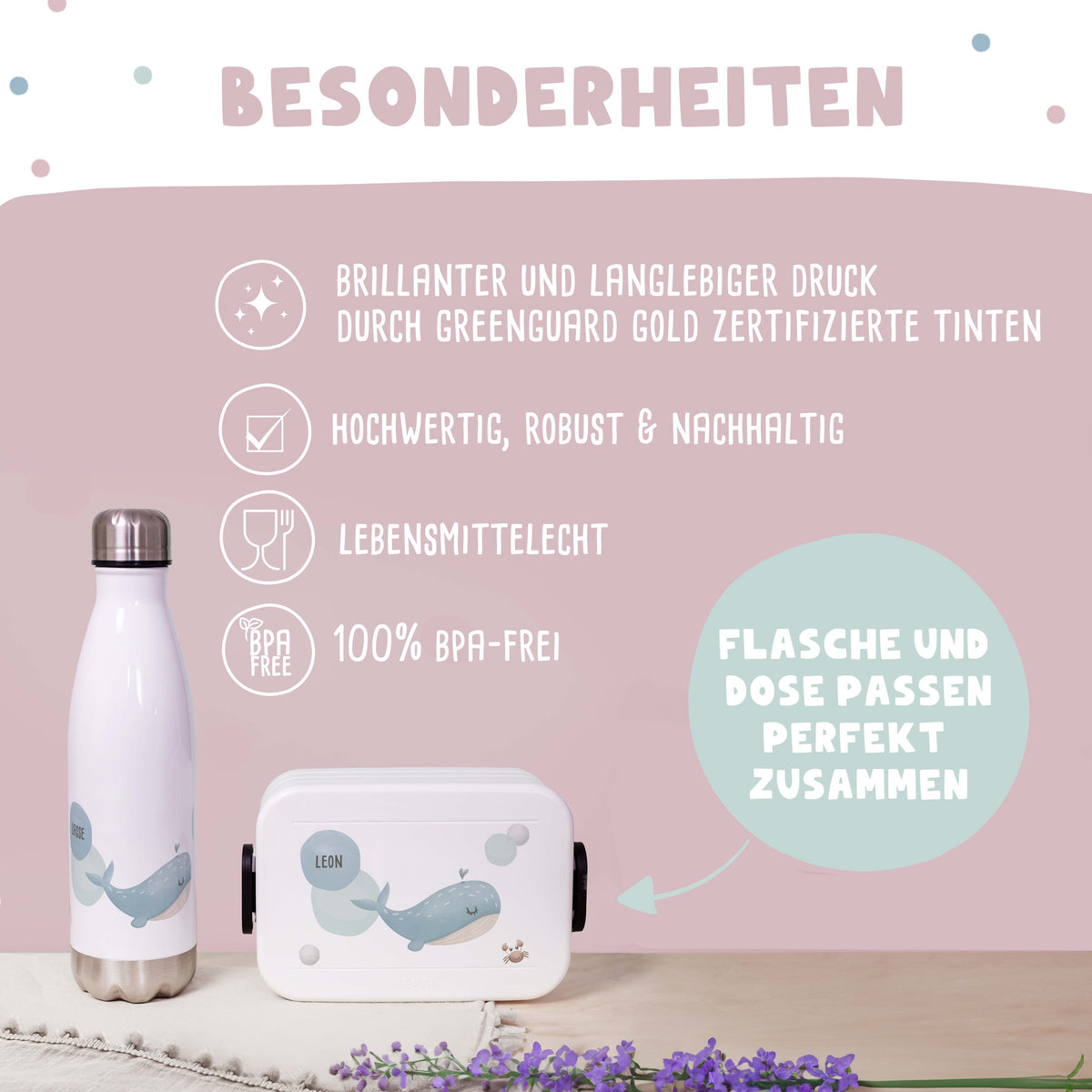 Personalisiertes Set Trinkflasche & Mepal Lunchbox "Wal"