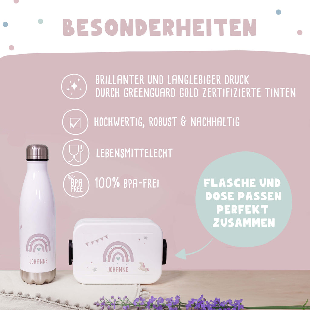 Personalisiertes Set Trinkflasche & Mepal Lunchbox "Regenbogen Rosa"