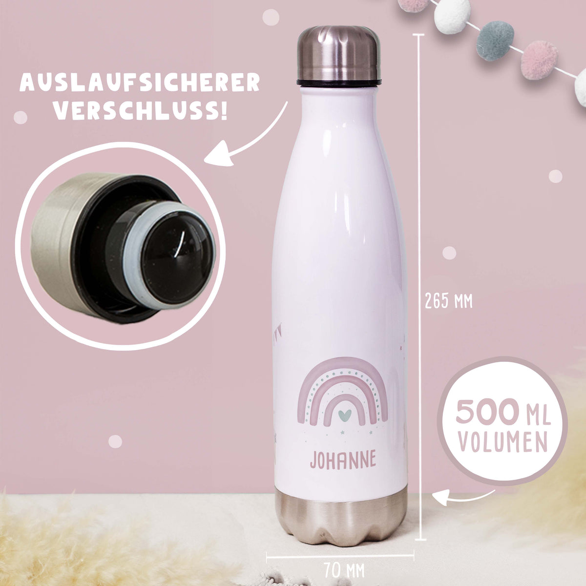 Personalisiertes Set Trinkflasche & Mepal Lunchbox "Regenbogen Rosa"