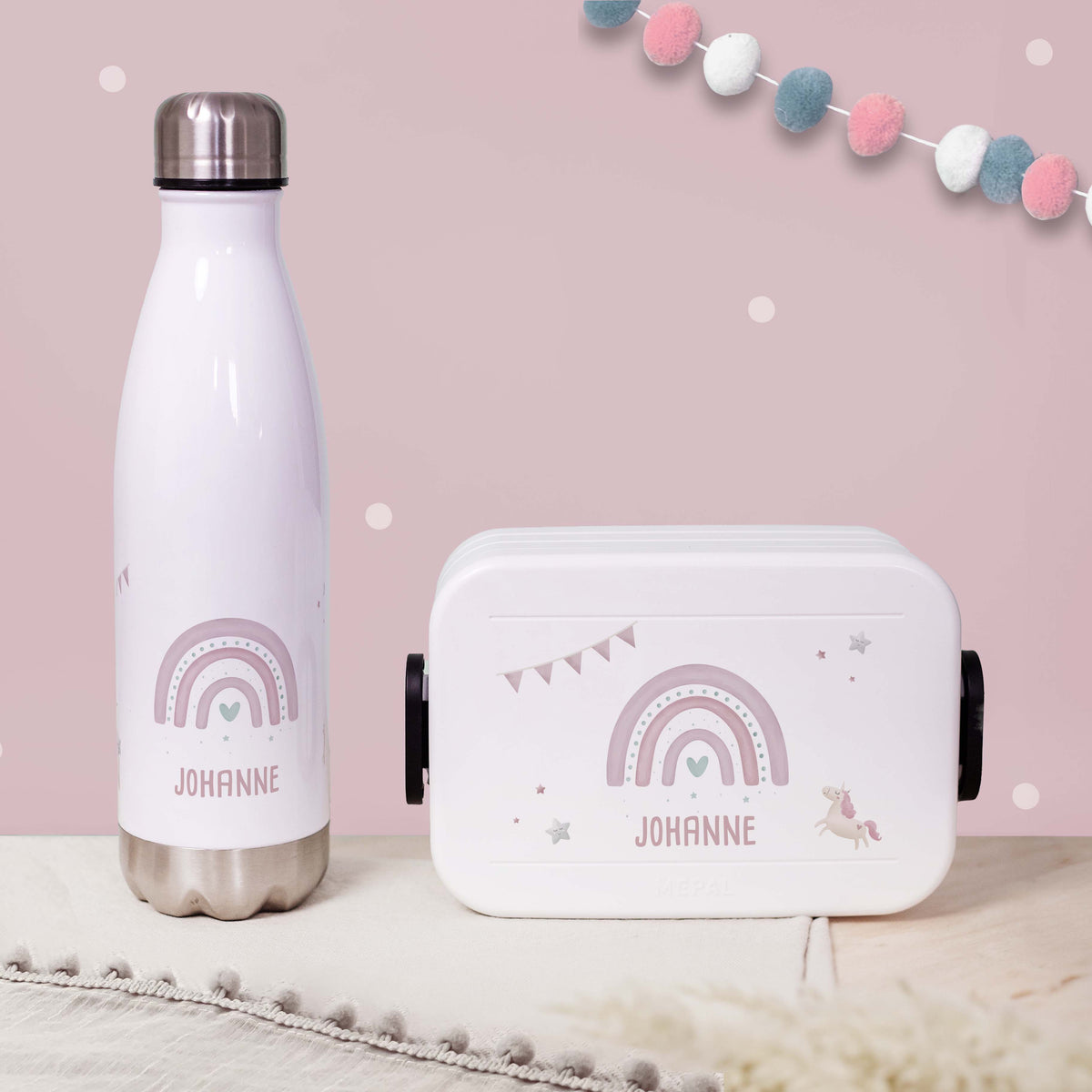 Personalisiertes Set Trinkflasche & Mepal Lunchbox "Regenbogen Rosa"