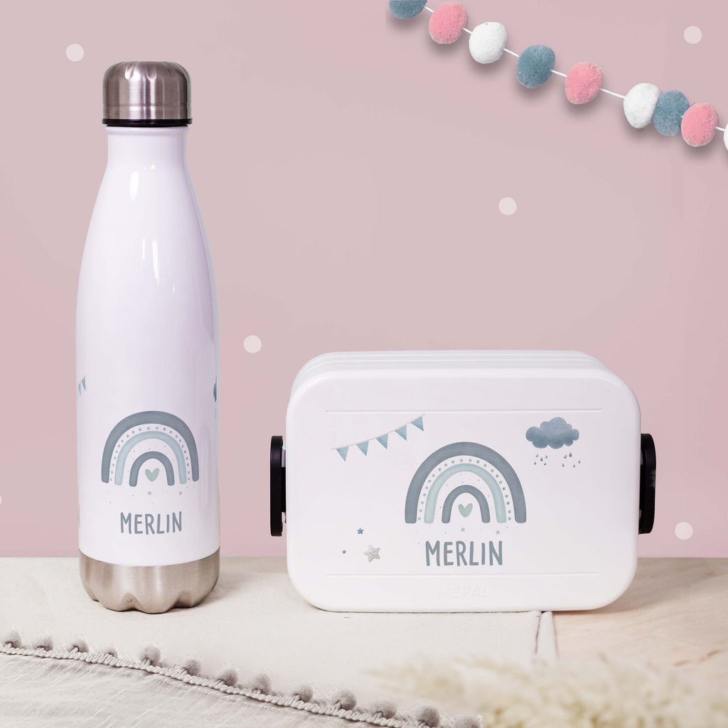 Personalisiertes Set Trinkflasche & Mepal Lunchbox "Regenbogen Blau"