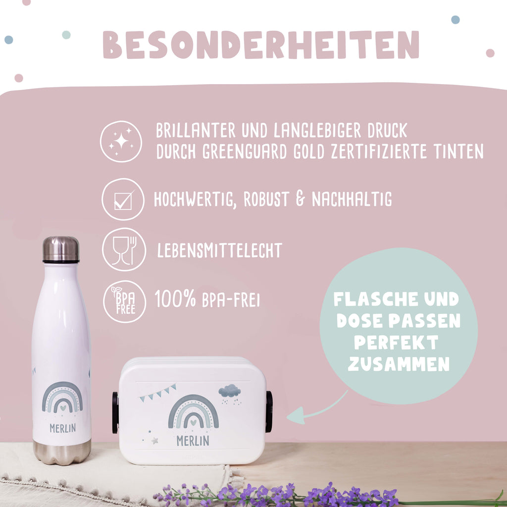 Personalisiertes Set Trinkflasche & Mepal Lunchbox "Regenbogen Blau"