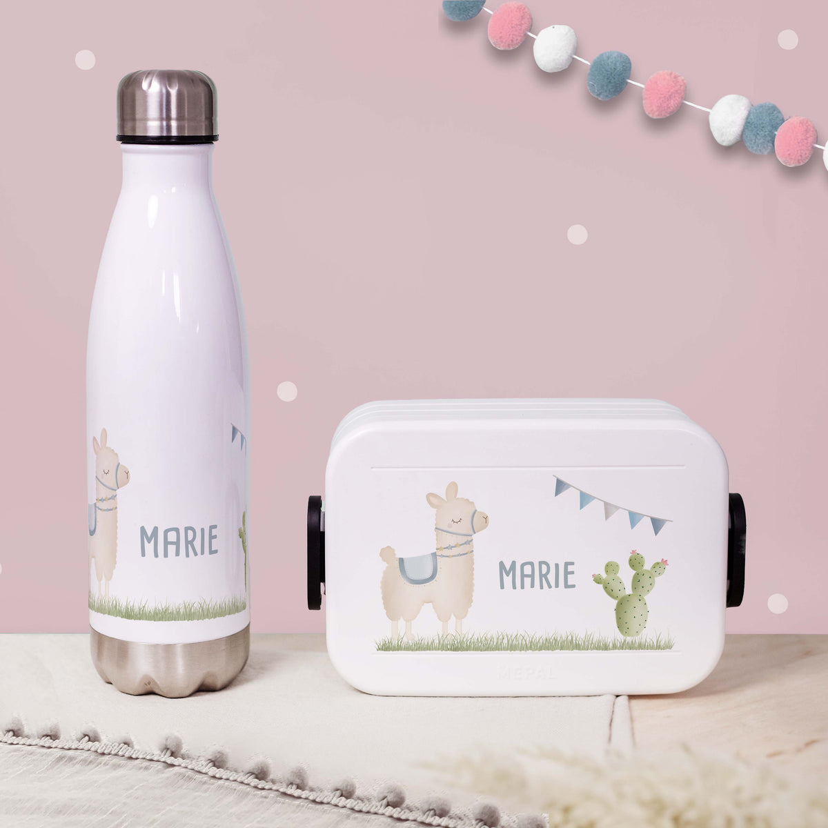 Personalisiertes Set Trinkflasche & Mepal Lunchbox "Alpaka"