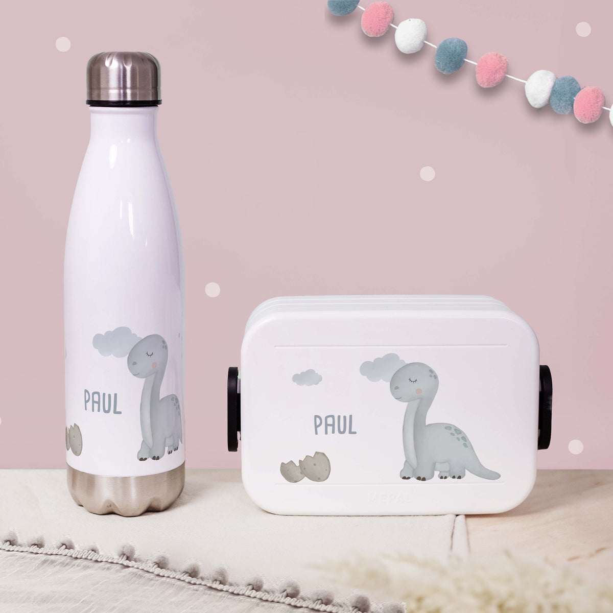 Personalisiertes Set Trinkflasche & Mepal Lunchbox "Dino"