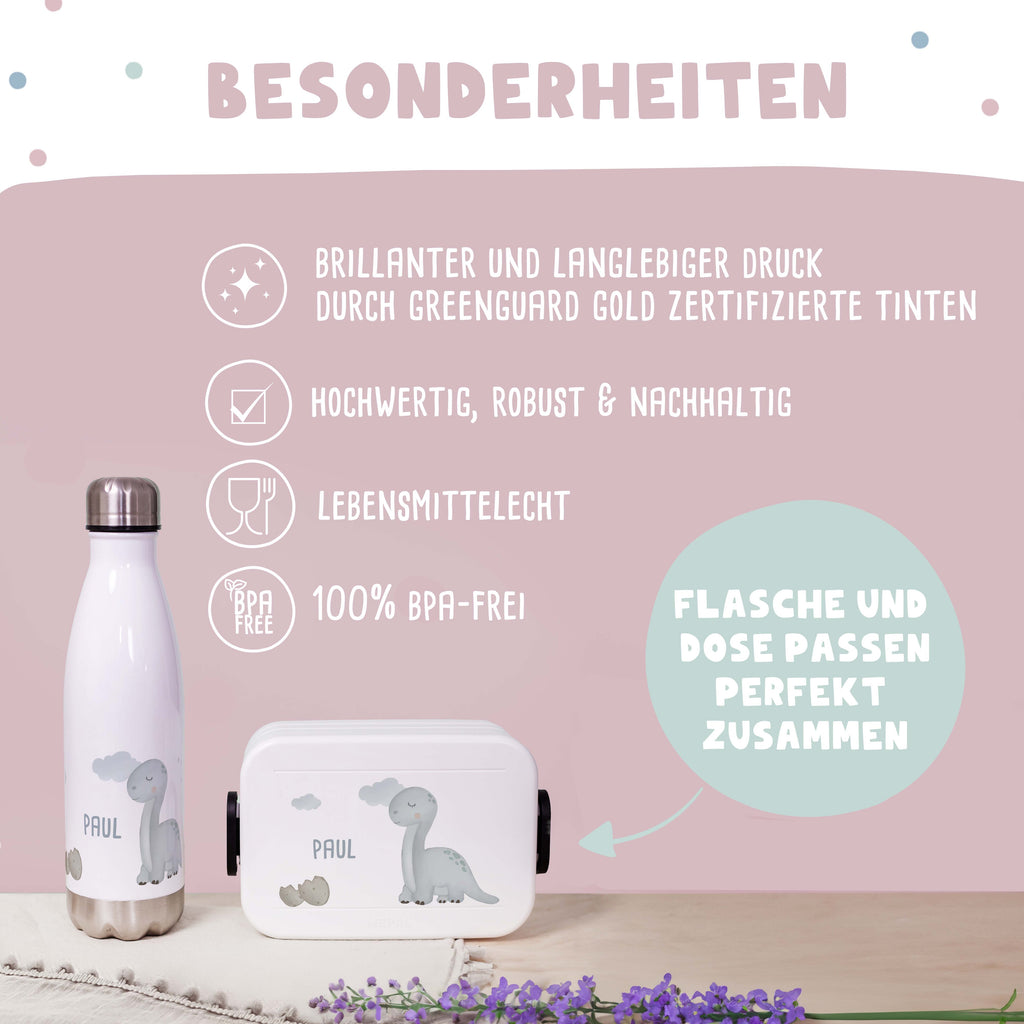 Personalisiertes Set Trinkflasche & Mepal Lunchbox "Dino"