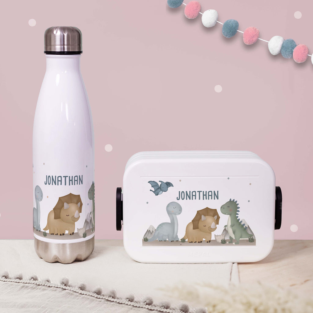 Personalisiertes Set Trinkflasche & Mepal Lunchbox "Dinowelt"
